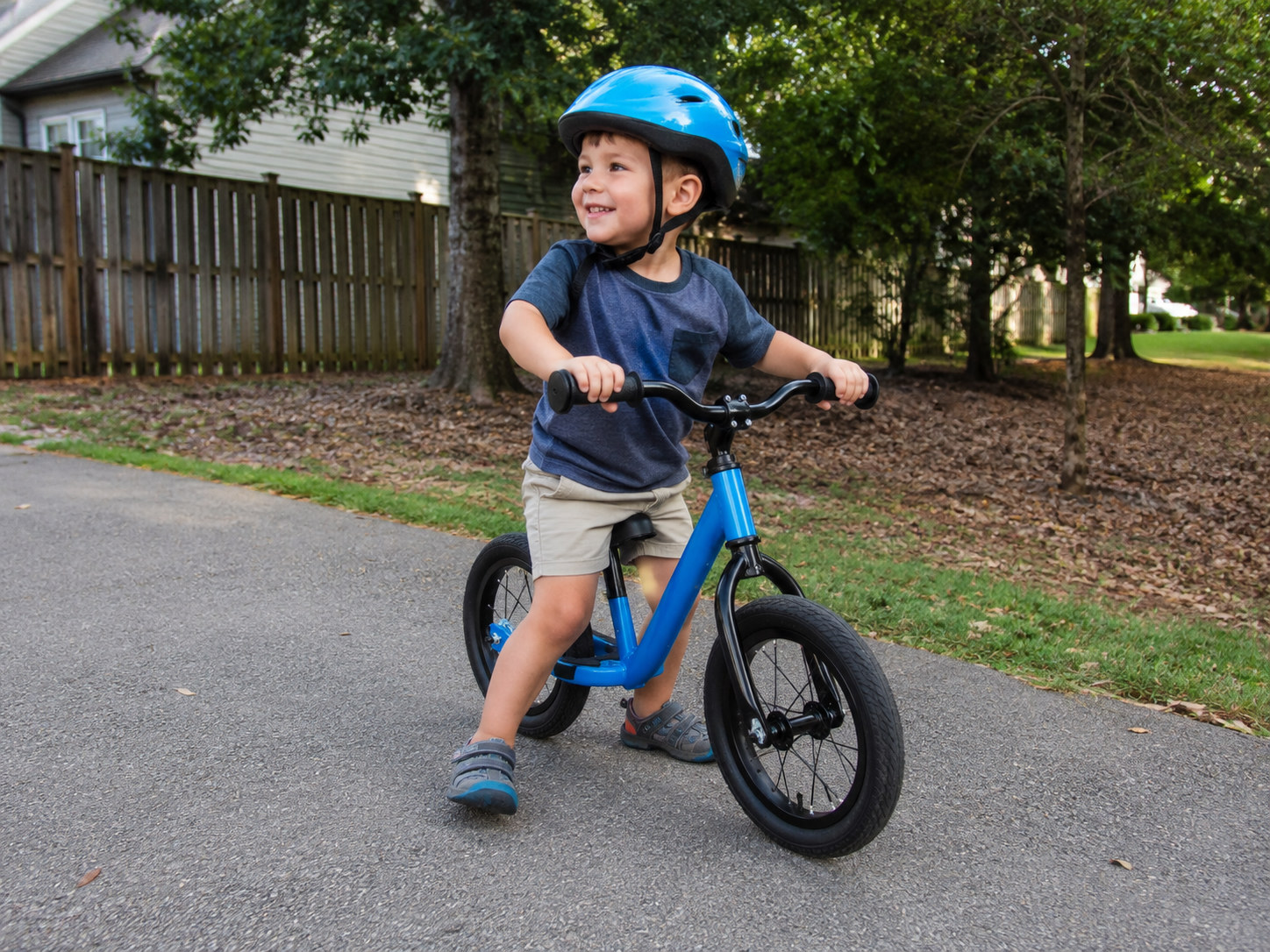 Kind met blauwe helm op een blauwe loopfiets in een woonstraat